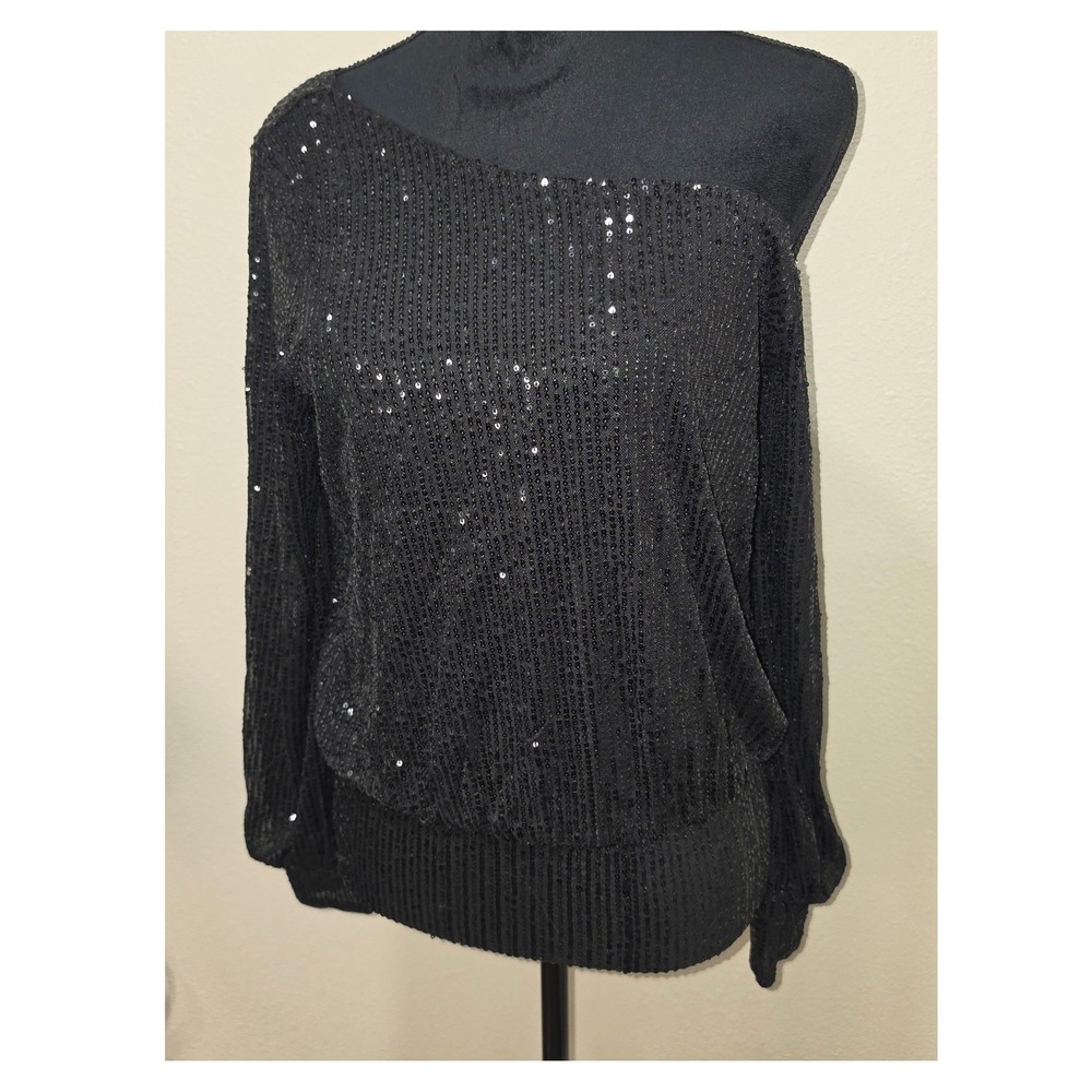 Black Sequined One Shoulder Long Sleeve Top Evening Party Blouse - Picture 5 of 8